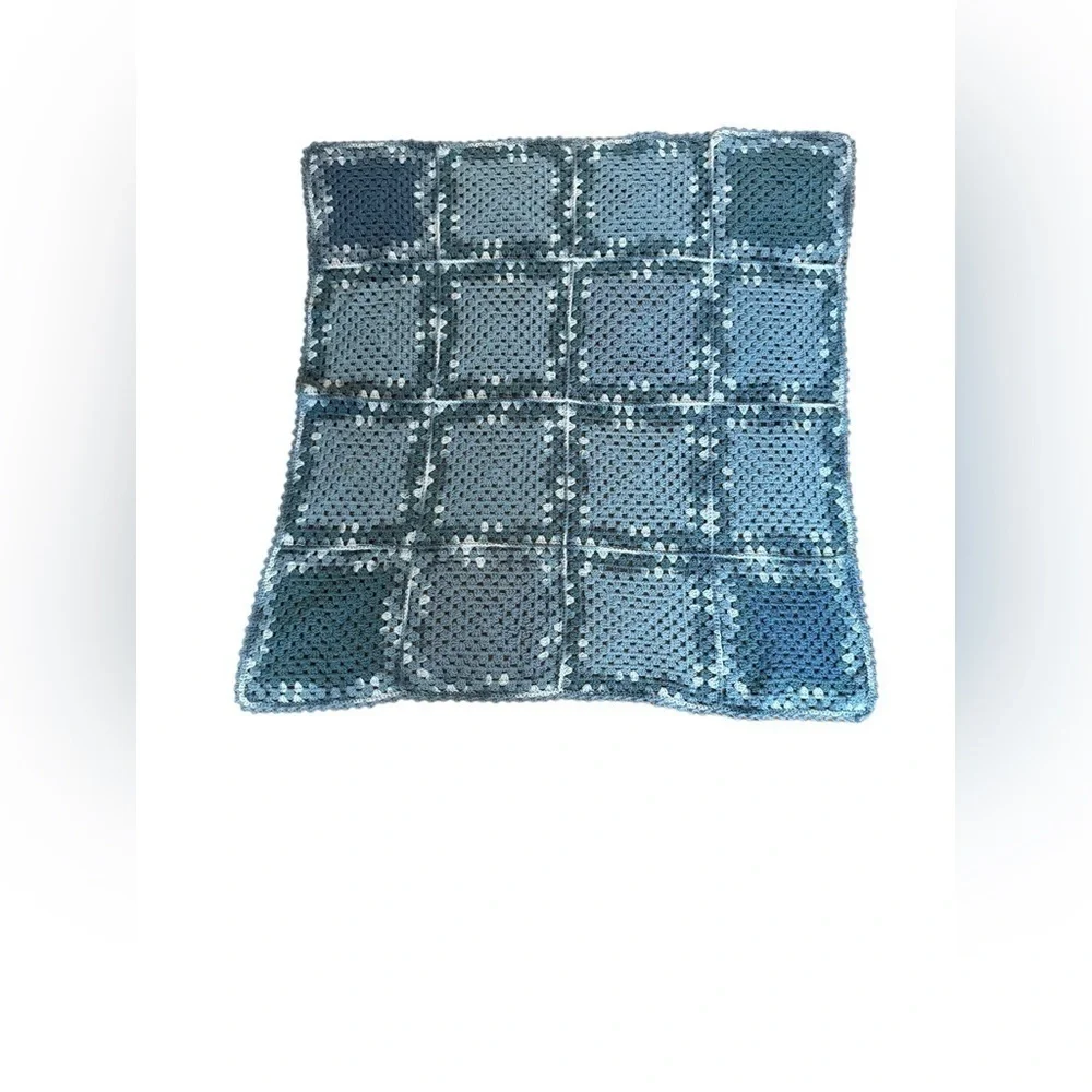HAND KNITTED CROCHET WORK LAP BLANKET  GRANDMACORE THROW 42x42  BLUE GRAY WHITE